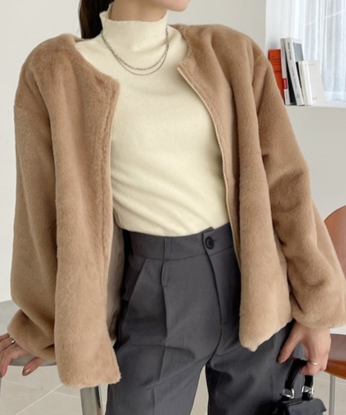 TREOVER(トレオーバー)の「ふわふわソフトタッチエコファージャケット(ノーカラーコート・レディース・アイボリー/キャメル/ダークブラウン/ベージュ・FREE)」の14枚目の写真