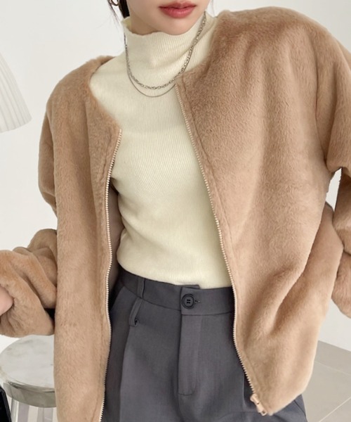 TREOVER(トレオーバー)の「ふわふわソフトタッチエコファージャケット(ノーカラーコート・レディース・アイボリー/キャメル/ダークブラウン/ベージュ・FREE)」の15枚目の写真