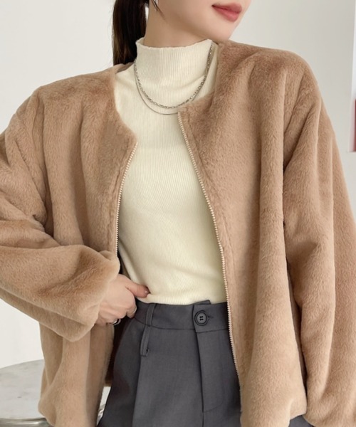 TREOVER(トレオーバー)の「ふわふわソフトタッチエコファージャケット(ノーカラーコート・レディース・アイボリー/キャメル/ダークブラウン/ベージュ・FREE)」の16枚目の写真