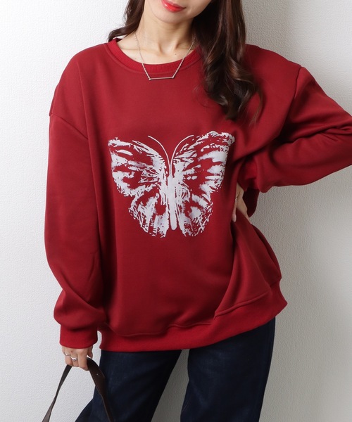 Lace Ladies(レースレディース)の「バタフライ柄 クルーネック 長袖 スウェット プルオーバー(スウェット・レディース・ブラック/レッド・M/XL)」の2枚目の写真