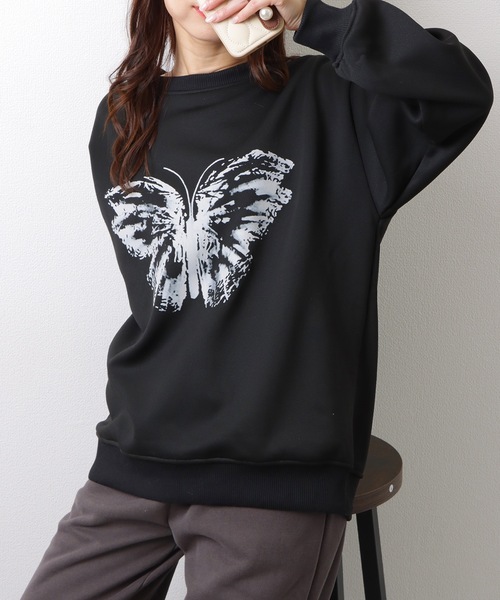 Lace Ladies(レースレディース)の「バタフライ柄 クルーネック 長袖 スウェット プルオーバー(スウェット・レディース・ブラック/レッド・M/XL)」の7枚目の写真
