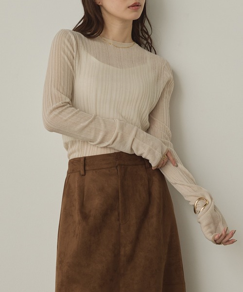 hunch(ハンチ)の「【WEB限定/別注】ランダムリブ シアートップス(ニット/セーター・レディース・ベージュ/ブラック/ライトブルー/オフホワイト/グレー・FREE)」の4枚目の写真