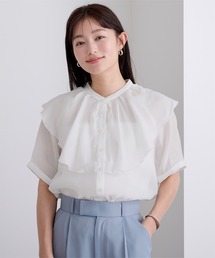 バンドカラータックラッフルブラウス