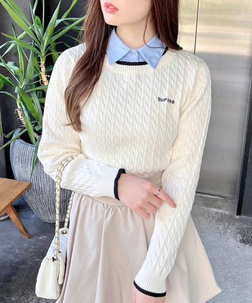 INGNI（イング）の「シャツ襟付／配色ロゴケーブルニット（ニット/セーター・レディース・グレー/アイボリー/ネイビー・M）」の4枚目の写真