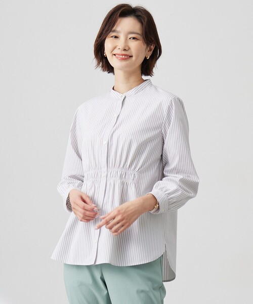 J.PRESS(ジェイプレス)の「【洗える・接触冷感・UVケア】エステネージュストライプ シャーリング ブラウス(シャツ/ブラウス・レディース・サックスブルー系1/ライトグレー系1/ブルー系1/ネイビー系3・T15/T13)」の1枚目の写真