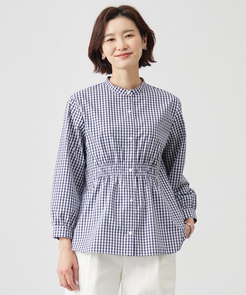 J.PRESS(ジェイプレス)の「【洗える・接触冷感・UVケア】エステネージュストライプ シャーリング ブラウス(シャツ/ブラウス・レディース・サックスブルー系1/ライトグレー系1/ブルー系1/ネイビー系3・T15/T13)」の2枚目の写真