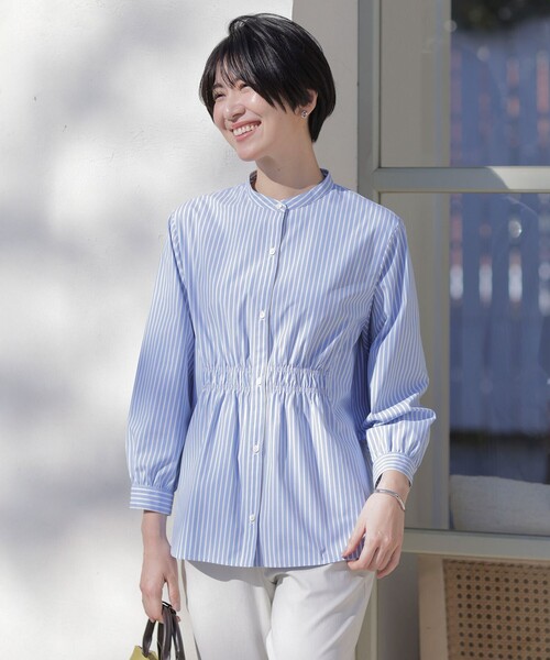 J.PRESS(ジェイプレス)の「【洗える・接触冷感・UVケア】エステネージュストライプ シャーリング ブラウス(シャツ/ブラウス・レディース・サックスブルー系1/ライトグレー系1/ブルー系1/ネイビー系3・T15/T13)」の3枚目の写真
