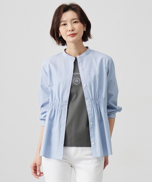 J.PRESS(ジェイプレス)の「【洗える・接触冷感・UVケア】エステネージュストライプ シャーリング ブラウス(シャツ/ブラウス・レディース・サックスブルー系1/ライトグレー系1/ブルー系1/ネイビー系3・T15/T13)」の4枚目の写真