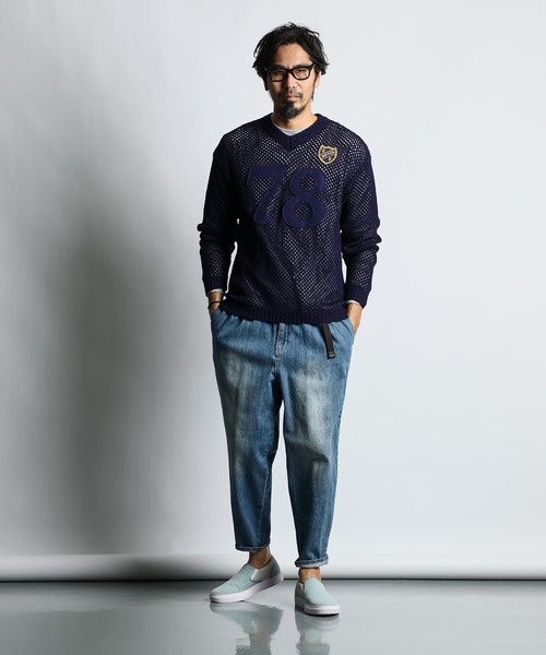セール】[INDIGO LABEL] INDIGO MESH NUMBERING V NECK KNIT