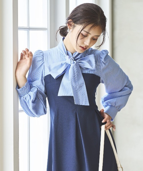 AND COUTURE（アンドクチュール）の「ヨーク切替リボンタイワンピース（ワンピース・レディース・ネイビー/チャコールグレー/イエロー・FREE）」の5枚目の写真