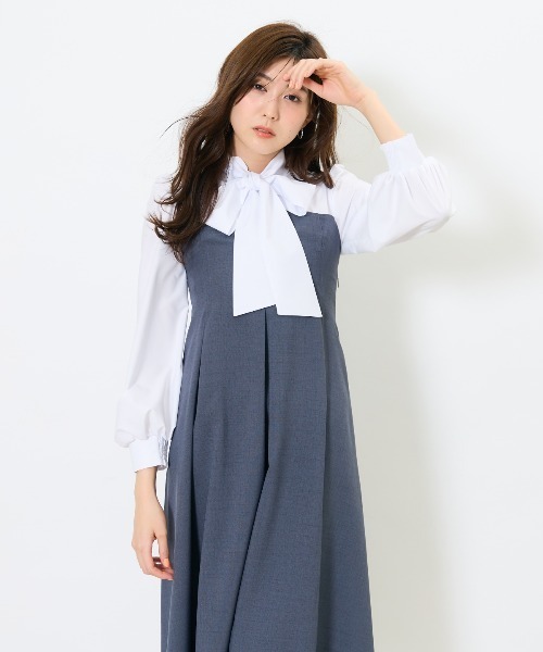 AND COUTURE（アンドクチュール）の「ヨーク切替リボンタイワンピース（ワンピース・レディース・ネイビー/チャコールグレー/イエロー・FREE）」の9枚目の写真