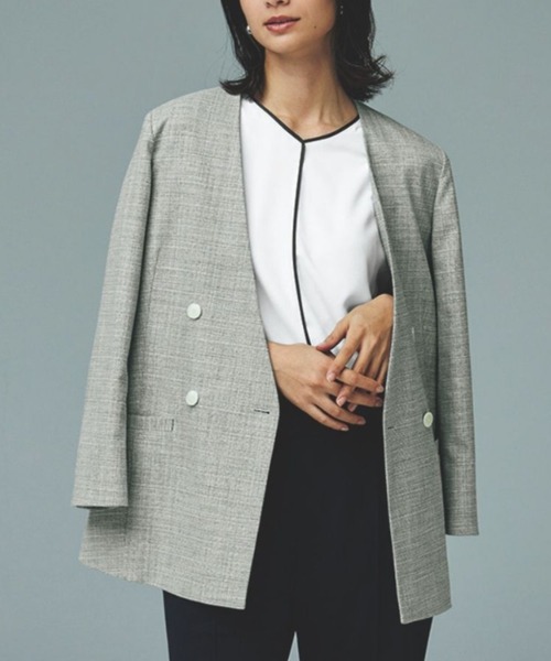 AOYAMA(アオヤマ)の「【単品力も抜群!ジャケット】ツイード調Vカラージャケット|通勤&オフィス&入卒&セレモニー&オケージョン|洗える・セットアップ着用可|(スーツジャケット・レディース・グレー・M/L)」の1枚目の写真