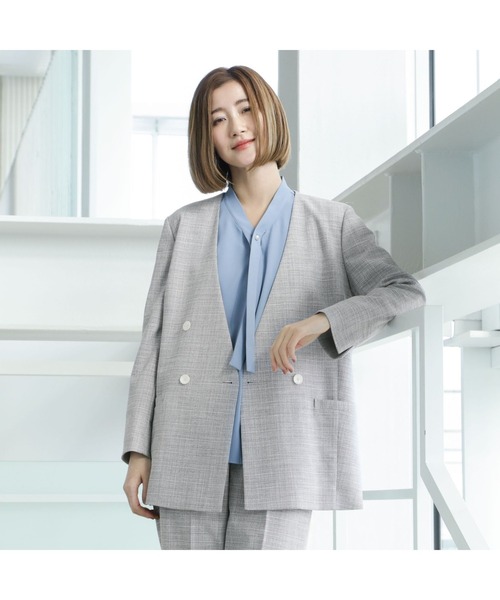 AOYAMA(アオヤマ)の「【単品力も抜群!ジャケット】ツイード調Vカラージャケット|通勤&オフィス&入卒&セレモニー&オケージョン|洗える・セットアップ着用可|(スーツジャケット・レディース・グレー・M/L)」の3枚目の写真