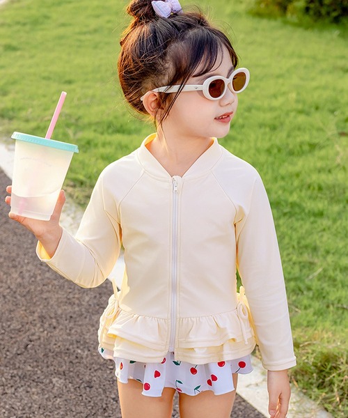 chaisy キッズ　セパレート　長袖　水着　アイボリー　100〜110 セール】キッズ水着 長袖フリルラッシュガード+ティアードフリルパンツ