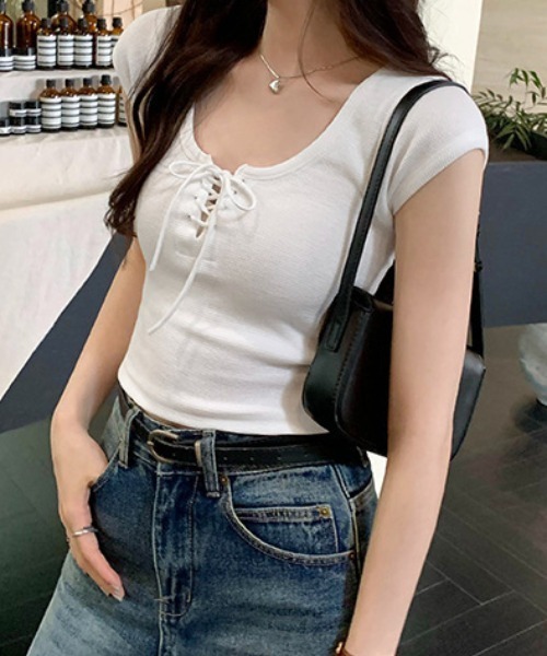 Teem Store(チームストア)の「ヘンリーネックレースアップリボンピチリブノースリーブT(Tシャツ/カットソー・レディース・ブラック/ネイビー/ホワイト・S/M)」の17枚目の写真