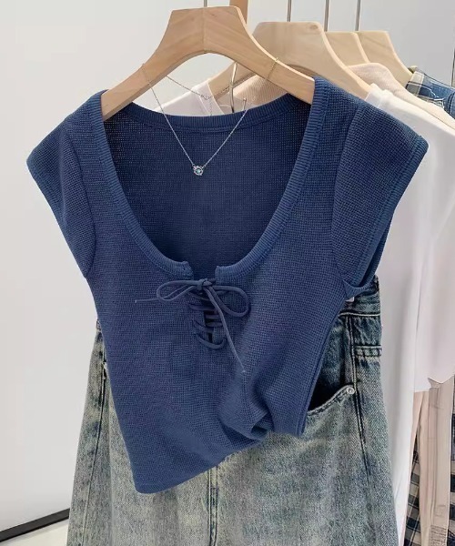 Teem Store(チームストア)の「ヘンリーネックレースアップリボンピチリブノースリーブT(Tシャツ/カットソー・レディース・ブラック/ネイビー/ホワイト・S/M)」の10枚目の写真