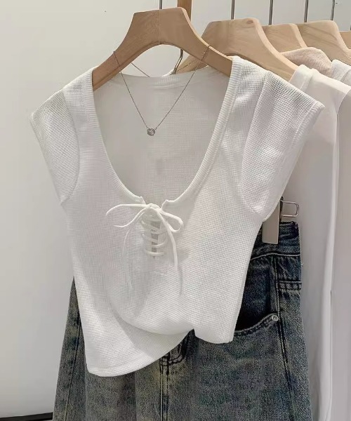 Teem Store(チームストア)の「ヘンリーネックレースアップリボンピチリブノースリーブT(Tシャツ/カットソー・レディース・ブラック/ネイビー/ホワイト・S/M)」の20枚目の写真