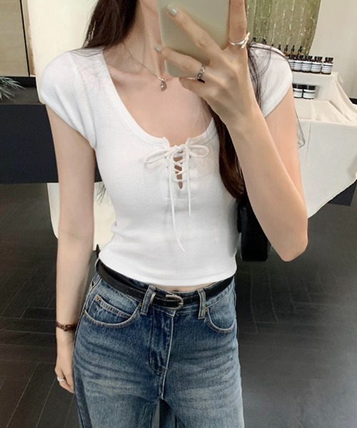 Teem Store(チームストア)の「ヘンリーネックレースアップリボンピチリブノースリーブT(Tシャツ/カットソー・レディース・ブラック/ネイビー/ホワイト・S/M)」の14枚目の写真