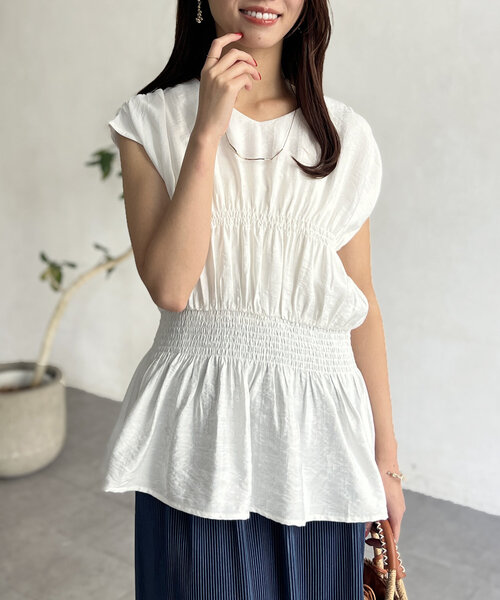 Chez toi（シェトワ）の「ウエストシャーリングスリーブブラウス（シャツ/ブラウス・レディース・ブラック/ホワイト/グリーン・FREE）」の5枚目の写真