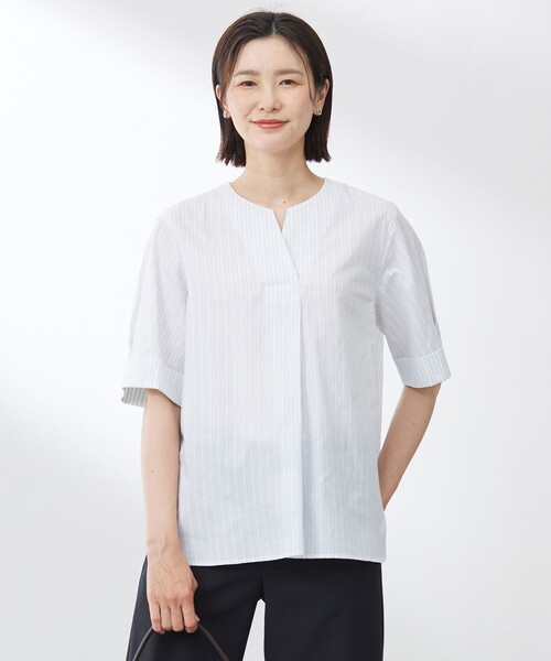 J.PRESS(ジェイプレス)の「【洗える】BEZ 空羽ストライプ クルーネック ブラウス(シャツ/ブラウス・レディース・ホワイト系1/ピンク系1/ネイビー系1/ピーコックグリーン系1・T15/T13)」の1枚目の写真