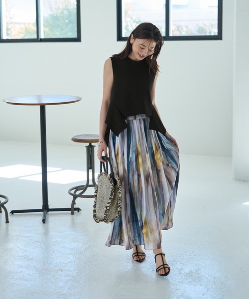 青色プリーツスカート（ストライプ柄） マルチカラーストライプ ロングスカート 【スカート】ストライプ