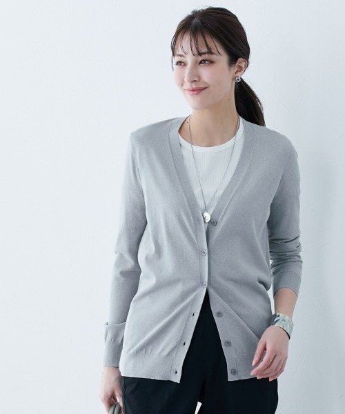 slattgir（スラットジール）の「高身長　【アイスクリーンプレミアム】Vネックカーディガン（持続冷感・毛玉なりにくい・UVカット）（カーディガン/ボレロ・レディース・ブラック/杢グレー/グリーン・LL/3L/4L/5L/M/L）」の3枚目の写真