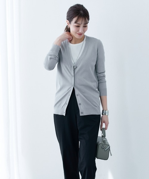 slattgir（スラットジール）の「高身長　【アイスクリーンプレミアム】Vネックカーディガン（持続冷感・毛玉なりにくい・UVカット）（カーディガン/ボレロ・レディース・ブラック/杢グレー/グリーン・LL/3L/4L/5L/M/L）」の9枚目の写真