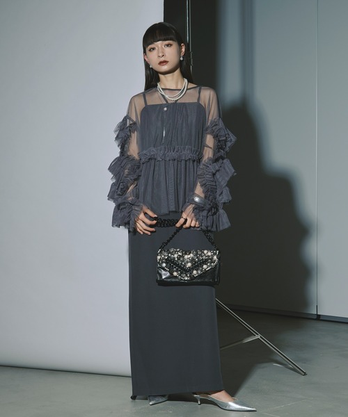 Ezick Lady set フリルチュールドレス 黒 オケージョン結婚式M Ezick Lady set フリルチュールドレス 黒 オケージョン結婚式M