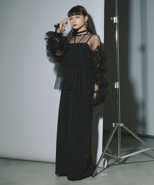 Ezick Lady set フリルチュールドレス 黒 オケージョン結婚式M Ezick Lady set フリルチュールドレス 黒 オケージョン結婚式M