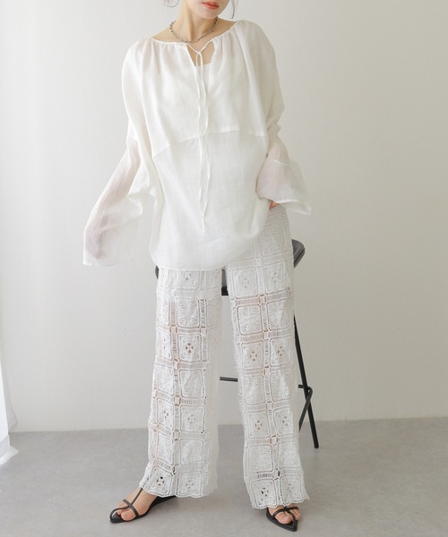 LAULEN(ローレン)の「2way linen key neck tunic blouse /2way リネン キーネック チュニック ブラウス(シャツ/ブラウス・レディース・ホワイト/ブラウン/ピンク・FREE)」の5枚目の写真