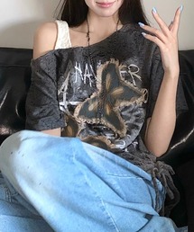 ワンショルダーバタフライ半袖Tシャツ