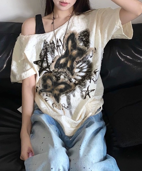 Riff（リフ）の「ワンショルダーバタフライ半袖Tシャツ（Tシャツ/カットソー・レディース・アイボリー/ベージュ/チャコールグレー・FREE）」の5枚目の写真