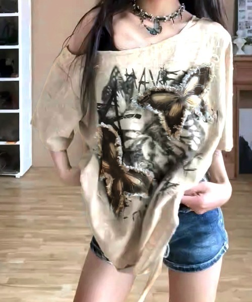 Riff（リフ）の「ワンショルダーバタフライ半袖Tシャツ（Tシャツ/カットソー・レディース・アイボリー/ベージュ/チャコールグレー・FREE）」の6枚目の写真