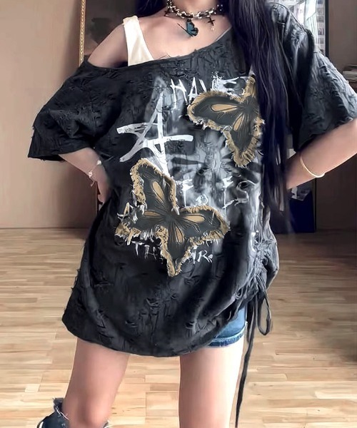Riff（リフ）の「ワンショルダーバタフライ半袖Tシャツ（Tシャツ/カットソー・レディース・アイボリー/ベージュ/チャコールグレー・FREE）」の11枚目の写真