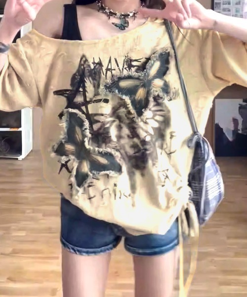 Riff（リフ）の「ワンショルダーバタフライ半袖Tシャツ（Tシャツ/カットソー・レディース・アイボリー/ベージュ/チャコールグレー・FREE）」の15枚目の写真