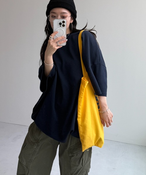 wee9s（ウィークス）の「HANSODE sweatee / スーパールーズライトスウェッティー(半袖)（Tシャツ/カットソー・レディース・スカイブルー/ブラック/アイボリー/グレー/チェリーピンク/ベビーピンク/オレンジ/ターコイズブルー/レッド/ブラック系2/ライトイエロー/ネイビー・FREE）」の6枚目の写真