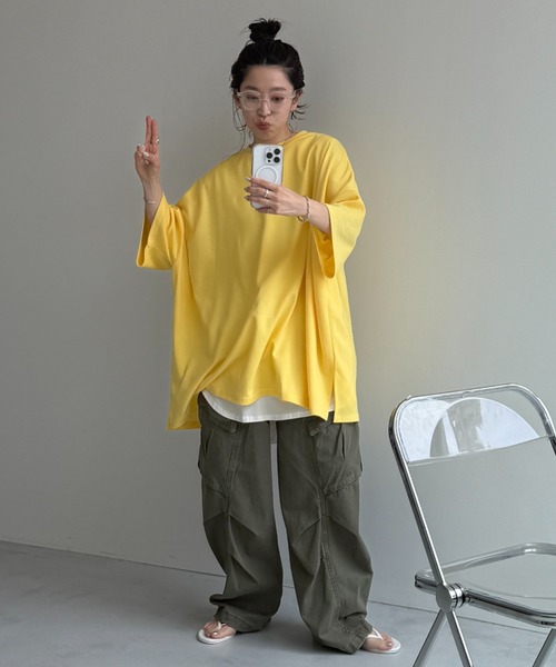 wee9s（ウィークス）の「HANSODE sweatee / スーパールーズライトスウェッティー(半袖)（Tシャツ/カットソー・レディース・スカイブルー/ブラック/アイボリー/グレー/チェリーピンク/ベビーピンク/オレンジ/ターコイズブルー/レッド/ブラック系2/ライトイエロー/ネイビー・FREE）」の8枚目の写真