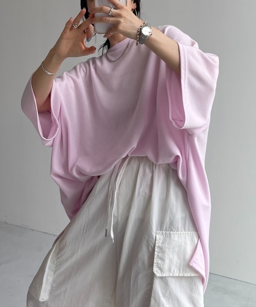 wee9s（ウィークス）の「HANSODE sweatee / スーパールーズライトスウェッティー(半袖)（Tシャツ/カットソー・レディース・スカイブルー/ブラック/アイボリー/グレー/チェリーピンク/ベビーピンク/オレンジ/ターコイズブルー/レッド/ブラック系2/ライトイエロー/ネイビー・FREE）」の9枚目の写真