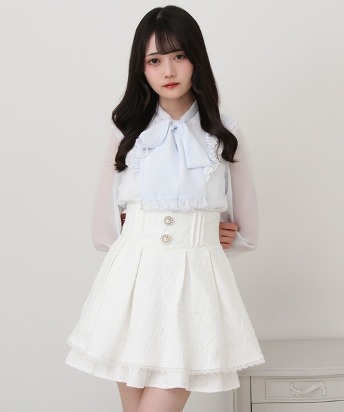 DearMyLove(ディアマイラブ)の「レース重ねパールビジューフレアスカート(スカート・レディース・ブルーグレー/ブラック/チェック/ホワイト・SMALL/MEDIUM/LARGE/LL/3L)」の2枚目の写真