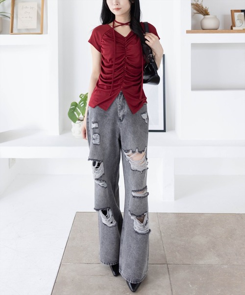 clear（クリア）の「ネックリボンフロントシャーリングカットソー[着回し抜群 大人 韓国ファッション]（Tシャツ/カットソー・レディース・イエロー系その他/ブラック/ピンク/ボルドー/グレー/ブラウン・F）」の10枚目の写真