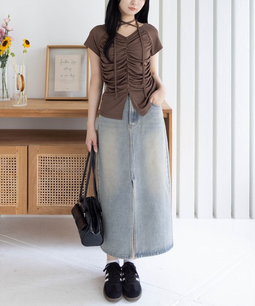 clear（クリア）の「ネックリボンフロントシャーリングカットソー[着回し抜群 大人 韓国ファッション]（Tシャツ/カットソー・レディース・イエロー系その他/ブラック/ピンク/ボルドー/グレー/ブラウン・F）」の12枚目の写真