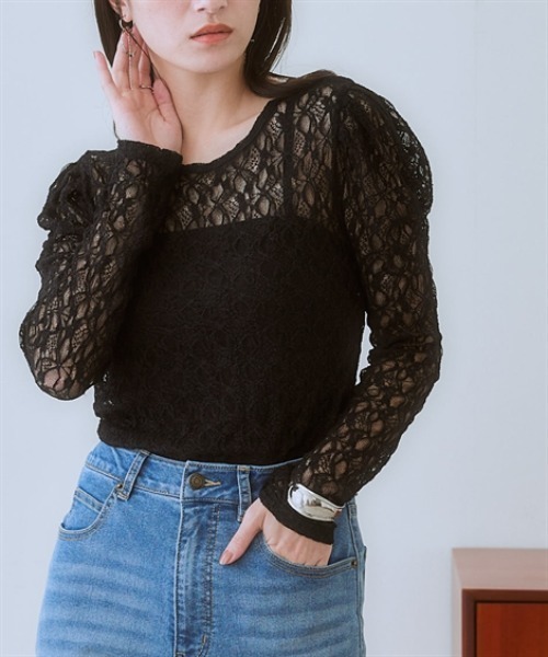 nissen(ニッセン)の「ボリューム袖カットソーレースシアートップス<大きいサイズ有>(Tシャツ/カットソー・レディース・アイボリー/ブラック・M/S/L/LL)」の2枚目の写真