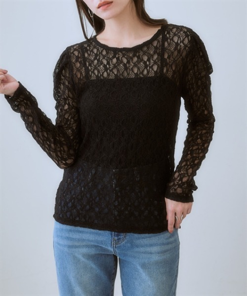 nissen(ニッセン)の「ボリューム袖カットソーレースシアートップス<大きいサイズ有>(Tシャツ/カットソー・レディース・アイボリー/ブラック・M/S/L/LL)」の6枚目の写真