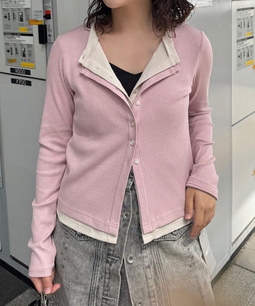 Ray BEAMS（レイビームス）の「RIB レイヤード カーディガン（カーディガン/ボレロ・レディース・グレー/ピンク/オフホワイト・ONE SIZE）」の8枚目の写真