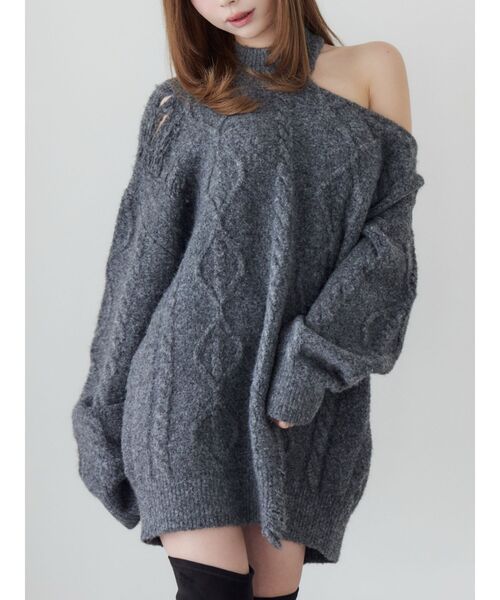 EATME（イートミー）の「ダメージワンショルニット（ニット/セーター・レディース・ネイビー/オフホワイト/グレー・FREE）」の3枚目の写真