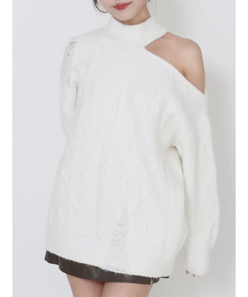 EATME（イートミー）の「ダメージワンショルニット（ニット/セーター・レディース・ネイビー/オフホワイト/グレー・FREE）」の2枚目の写真