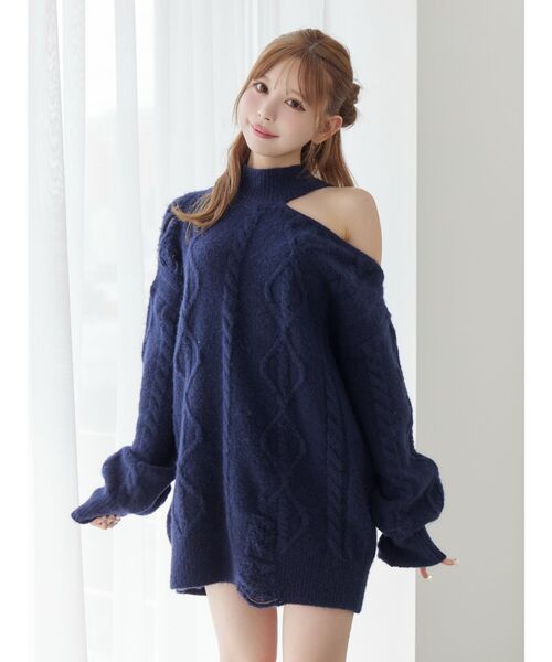 EATME（イートミー）の「ダメージワンショルニット（ニット/セーター・レディース・ネイビー/オフホワイト/グレー・FREE）」の19枚目の写真