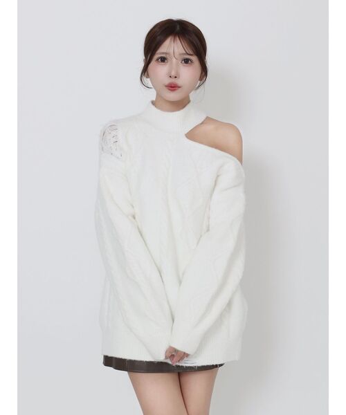 EATME（イートミー）の「ダメージワンショルニット（ニット/セーター・レディース・ネイビー/オフホワイト/グレー・FREE）」の14枚目の写真