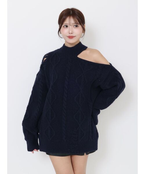 EATME（イートミー）の「ダメージワンショルニット（ニット/セーター・レディース・ネイビー/オフホワイト/グレー・FREE）」の8枚目の写真