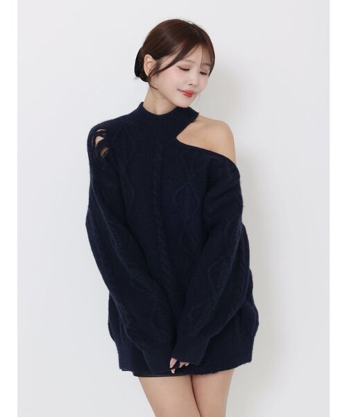 EATME（イートミー）の「ダメージワンショルニット（ニット/セーター・レディース・ネイビー/オフホワイト/グレー・FREE）」の7枚目の写真